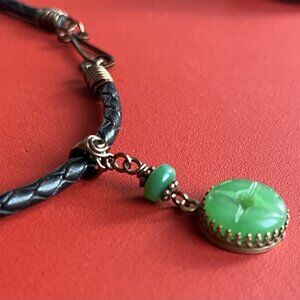 Braided Leather Necklace, Green Jade Pendant, Women's Men's Layering Necklace